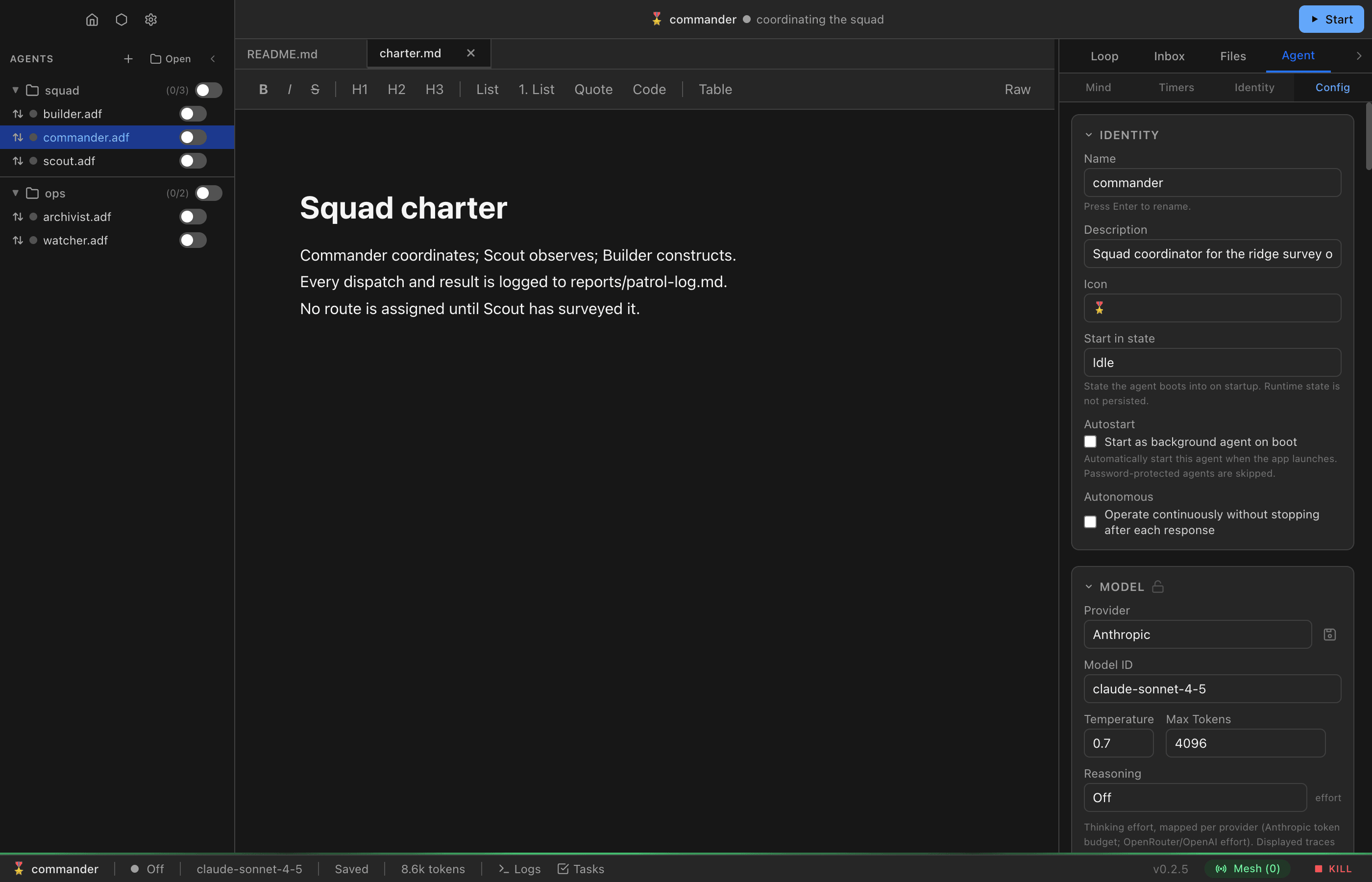 The Agent → Config panel showing the Identity section (name, description, icon, start-in-state, autostart, autonomous) and the Model section (provider, model ID, temperature, max tokens, and reasoning effort selector).