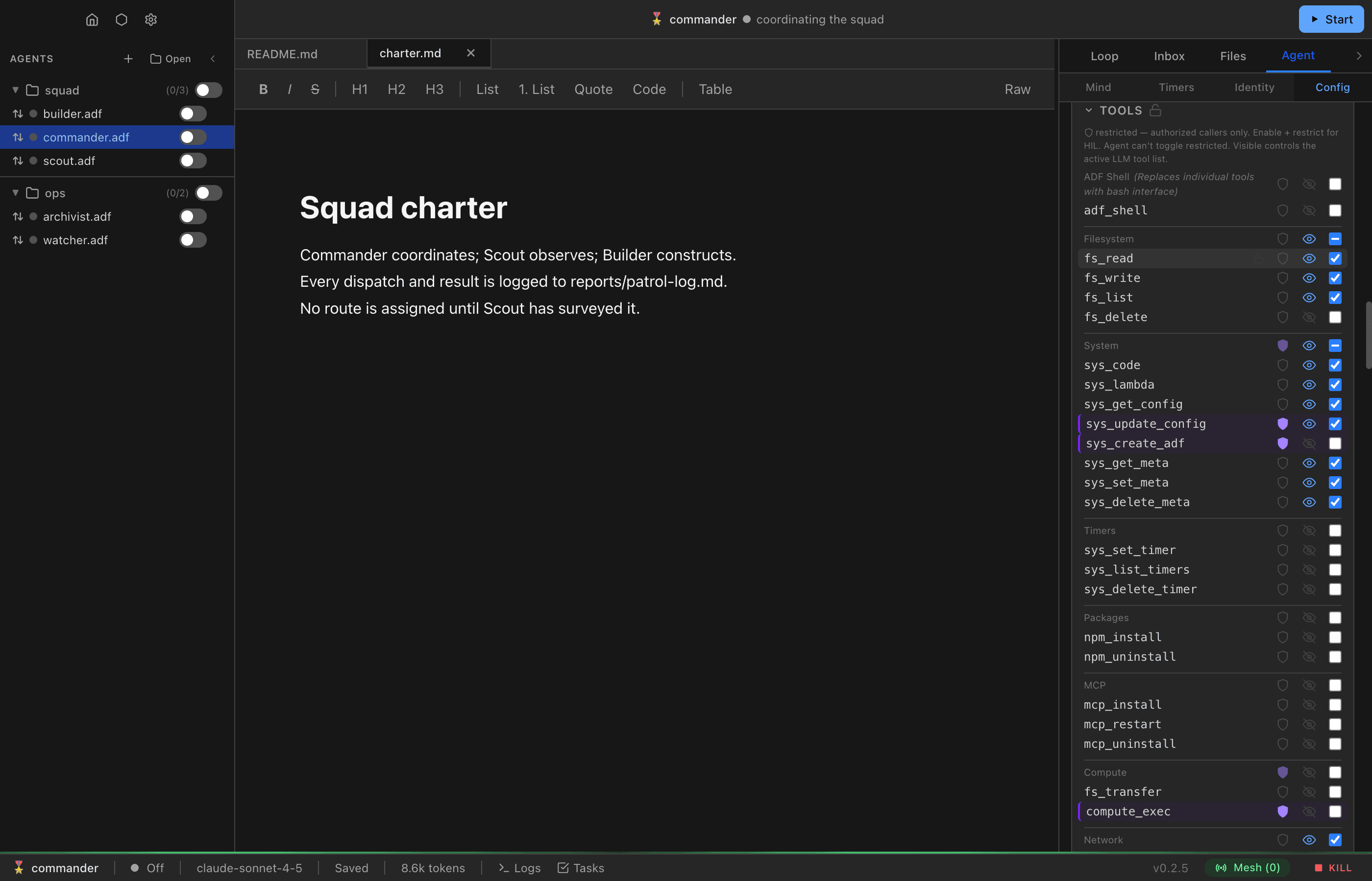The Tools section of the Agent → Config panel: tools grouped by category (ADF Shell, Filesystem, System, Timers, Packages, MCP, Compute) with three controls per row — a shield icon that is purple on restricted tools like sys_update_config and compute_exec, an eye icon for visibility, and an enabled checkbox.