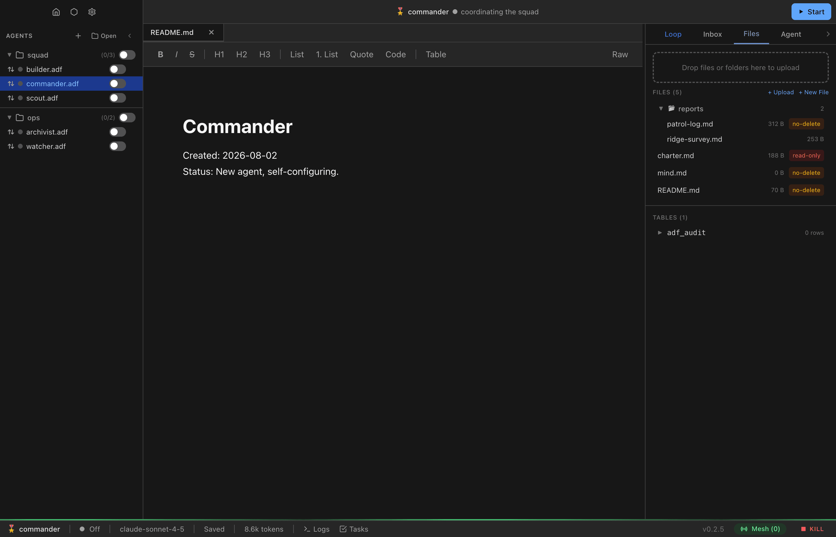 The Files tab of an agent: a drop-zone for uploads, a reports folder expanded to show two markdown files, and file rows with size plus color-coded protection badges — amber no-delete on patrol-log.md, red read-only on charter.md, and no badge on an unprotected file. A TABLES section below lists the adf_audit table with its row count.