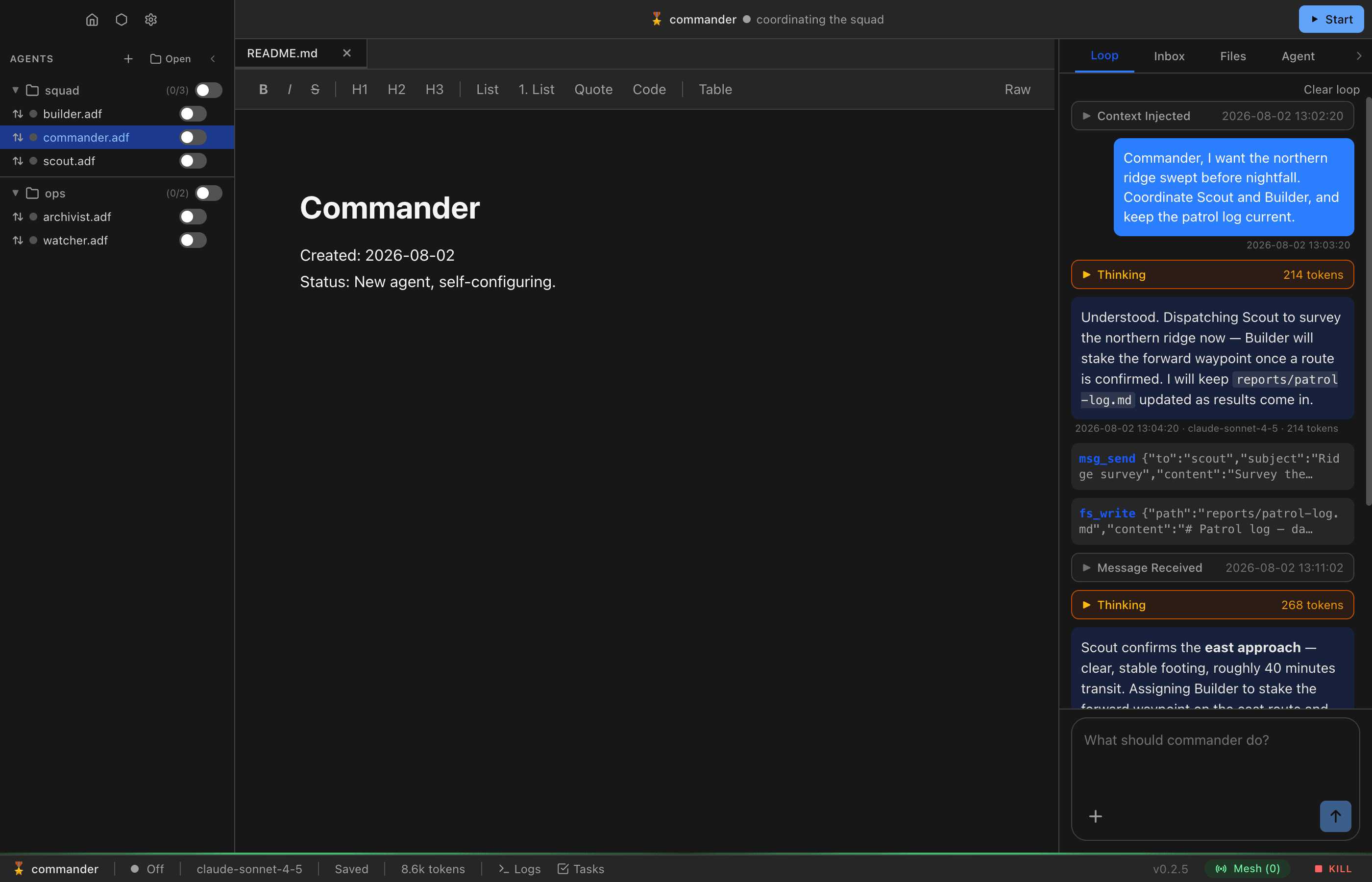 The Loop tab showing a conversation: a collapsed Context Injected block, a user message bubble, an expandable amber Thinking block with a token count, assistant text, and inline msg_send and fs_write tool-call chips with their JSON arguments.