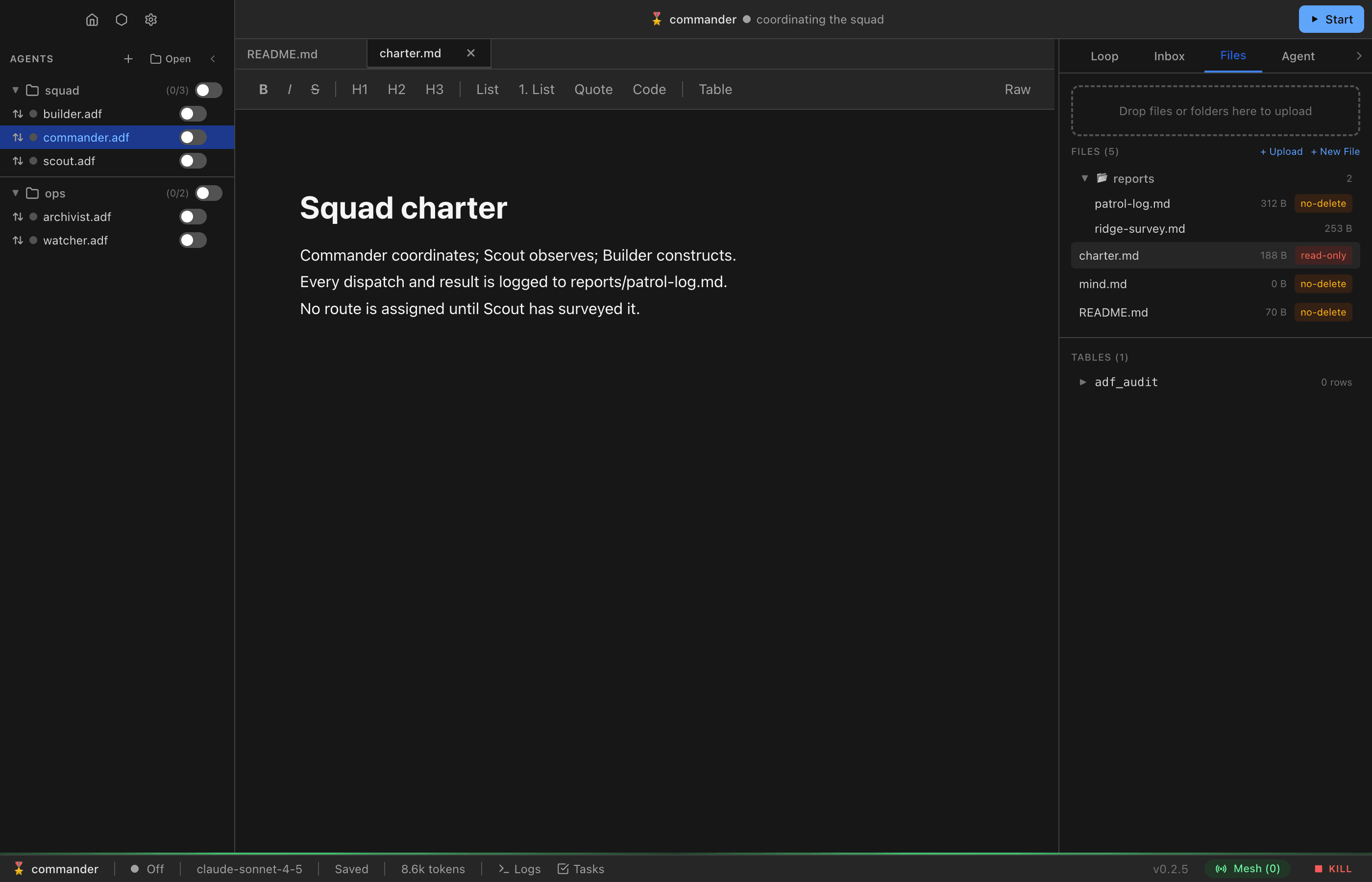 The tabbed editor with README.md and charter.md tabs open, the markdown formatting toolbar (bold, italic, headings, lists, quote, code, table) above the rendered document, and a Raw toggle on the right.