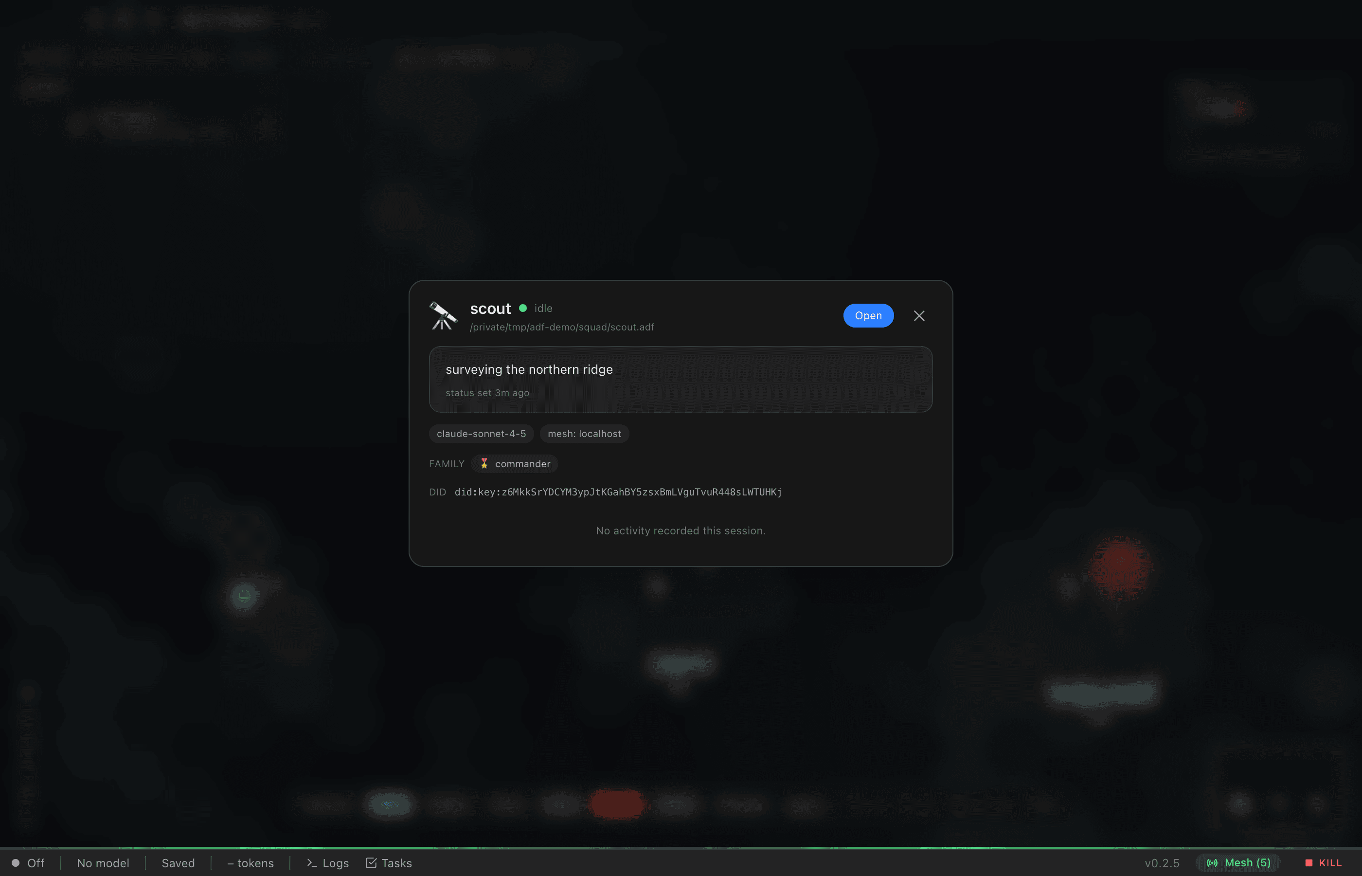 The single-agent readout modal for the scout agent: icon, name, idle state dot, file path, an Open button, the current status line with when it was set, model and mesh chips, a FAMILY row linking to its commander parent, and the agent's DID.