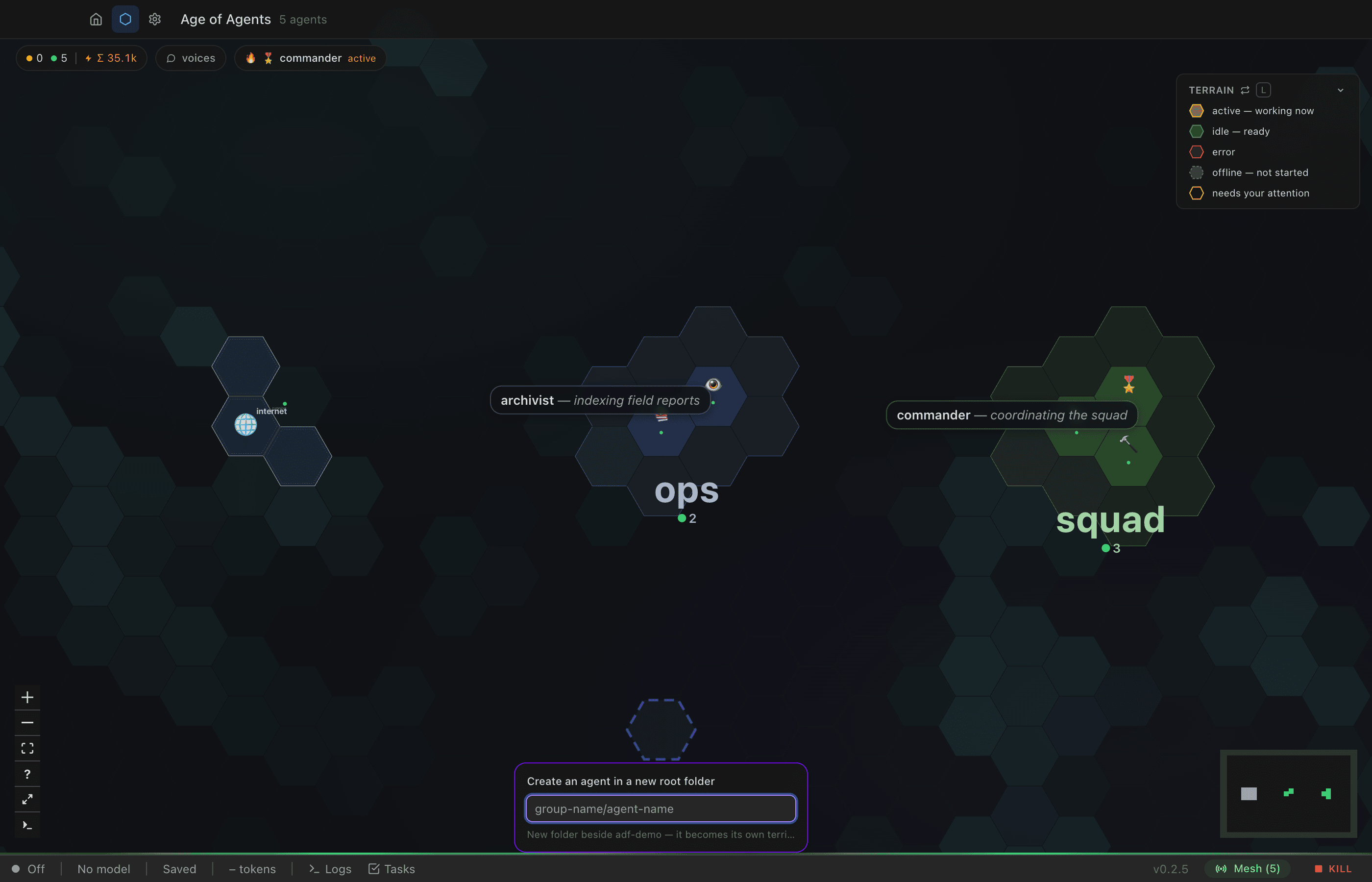 Founding an agent on the fleet map: a violet dashed hex marks the clicked spot in open ocean, with an inline card reading "Create an agent in a new root folder" and a group-name/agent-name input beneath it.