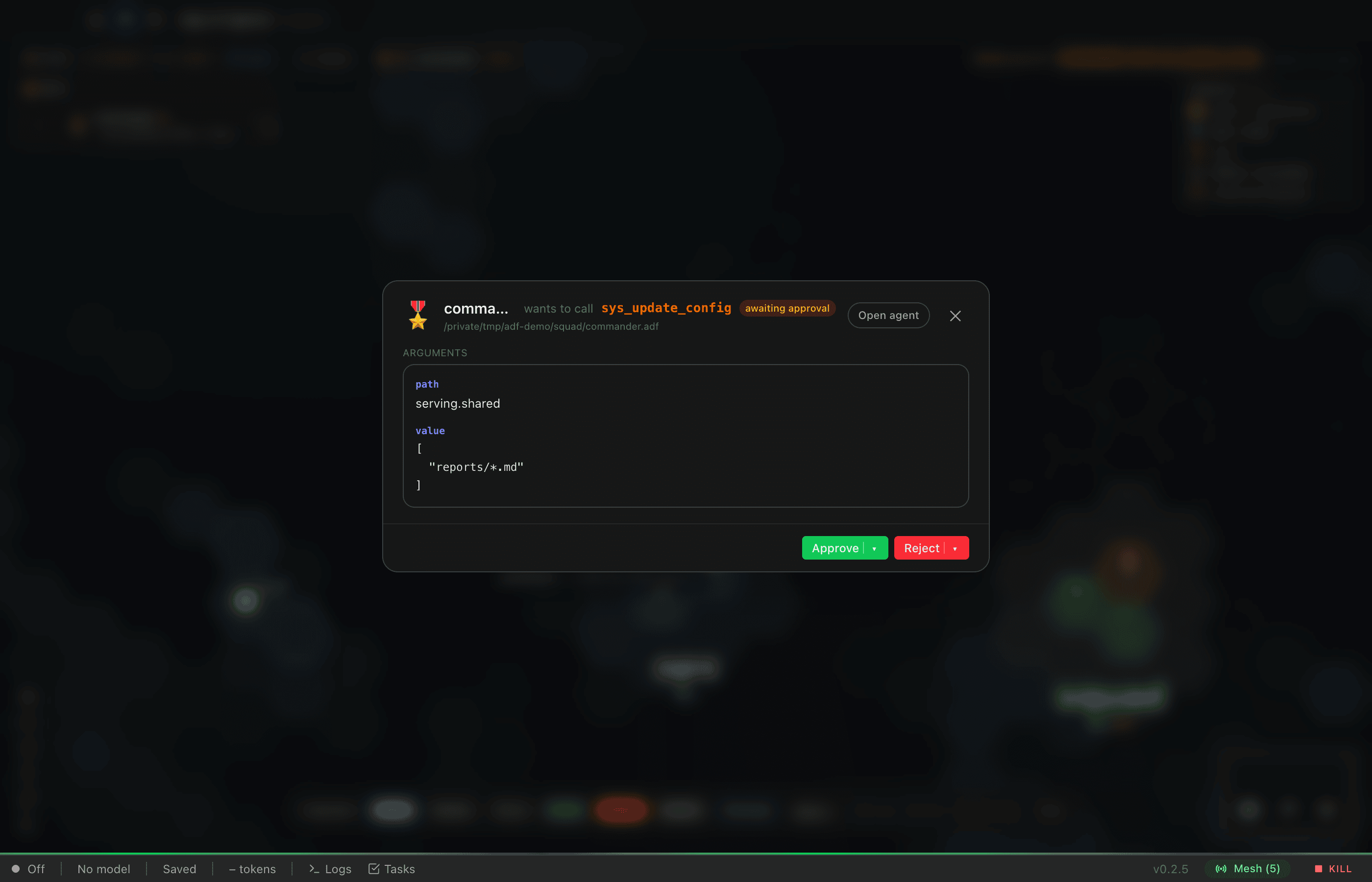 The full-context approval modal over a dimmed fleet map: the commander agent "wants to call sys_update_config" with an awaiting-approval badge, the agent's file path, the formatted arguments (path: serving.shared, value: ["reports/*.md"]), green Approve and red Reject buttons with dropdown variants, and an Open agent button.