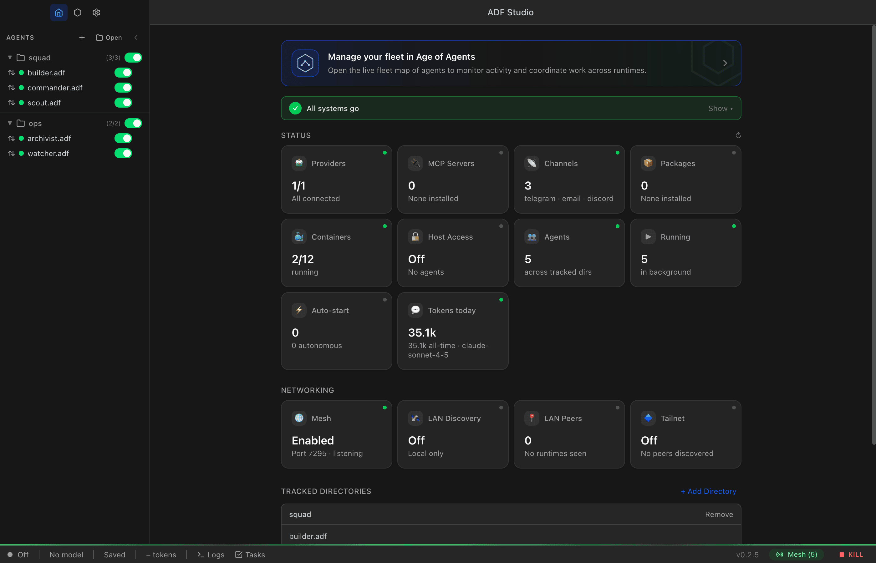 The Home dashboard with an "All systems go" banner, status tiles for Providers, MCP Servers, Channels, Packages, Containers, Host Access, Agents, and Running counts, a Networking panel with Mesh, LAN Discovery, LAN Peers, and Tailnet tiles, and the tracked directories list.