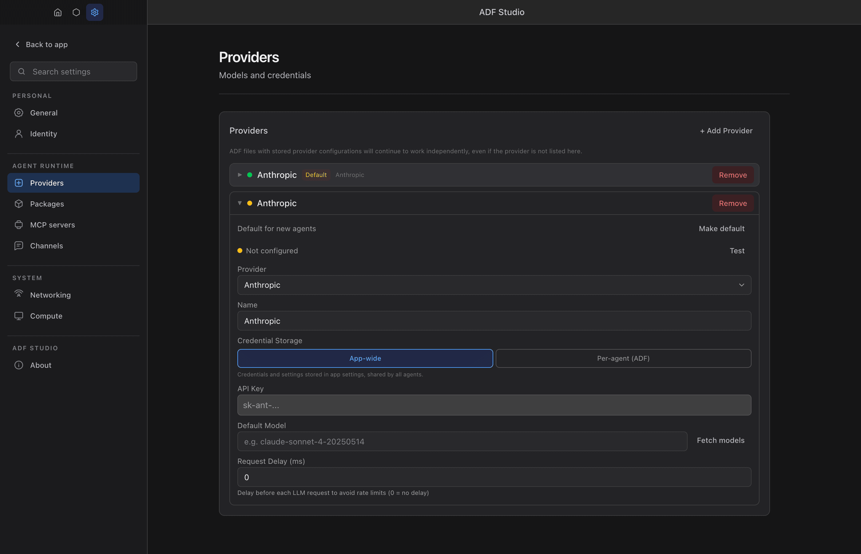 Settings → Providers listing the connected providers, each row with the service logo, name, and default model.