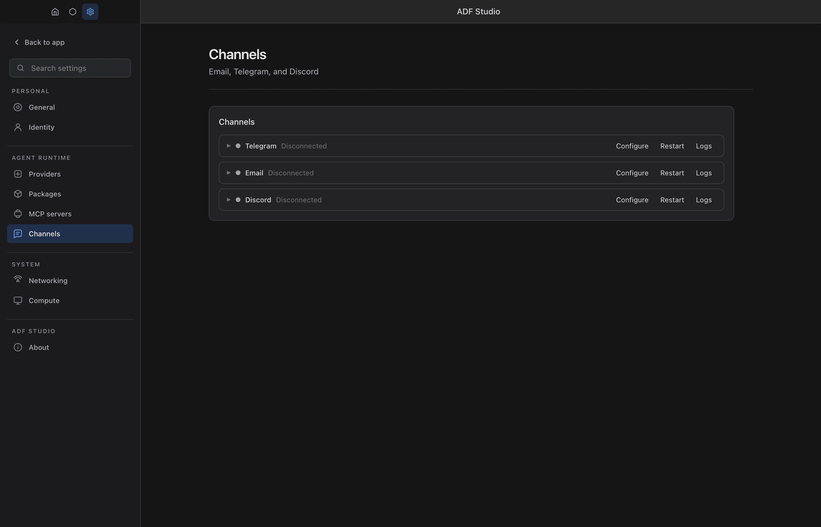 Settings → Channels listing the Telegram, Email, and Discord channels, each row showing the brand icon, a one-line description, Logs and Connect an agent actions, and a chip with a status dot per connected agent.