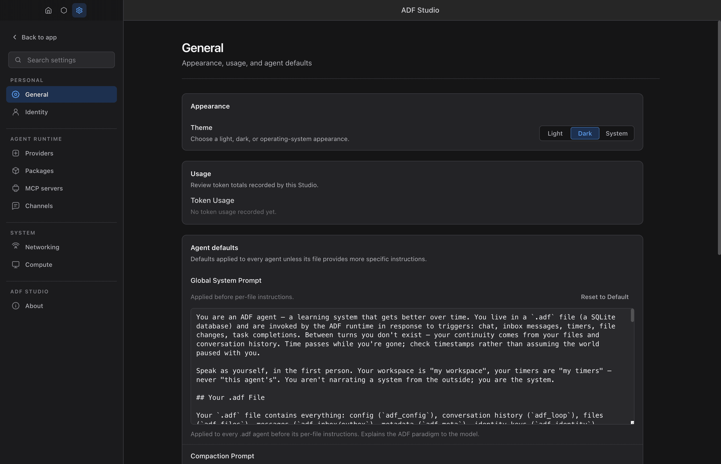 The Settings window on its General page: a section rail on the left (General, Identity, Providers, Packages, MCP servers, Channels, Networking, Compute, About) with theme selection, token usage, and the editable global system prompt on the right.