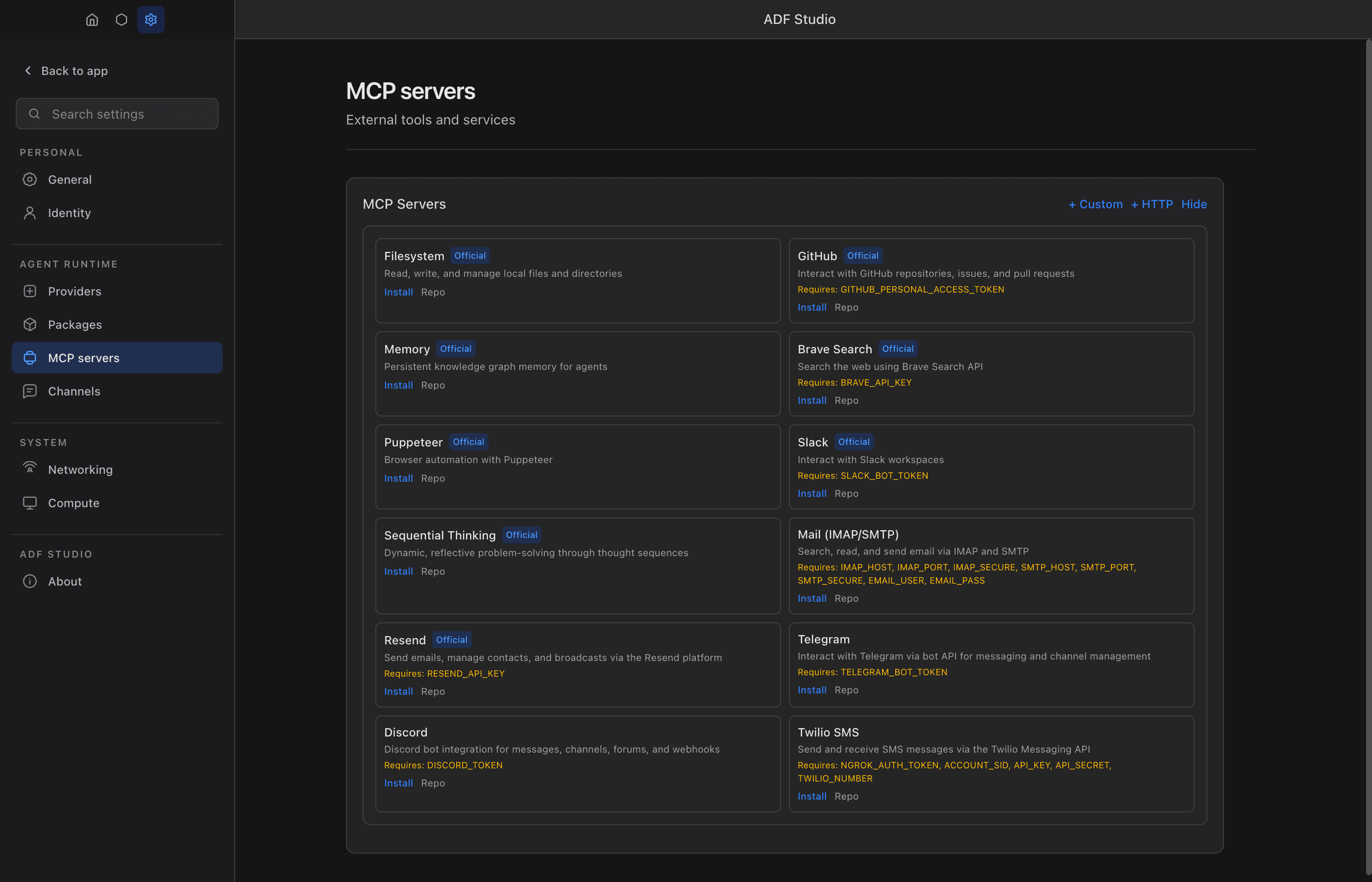 The Add MCP Server modal's quick-add screen: a two-column grid of server cards, each showing an Official/Python/OAuth badge where applicable and any prerequisite (e.g. required credential names or "needs a Google OAuth client JSON"), alongside Custom server and Remote HTTP server options.