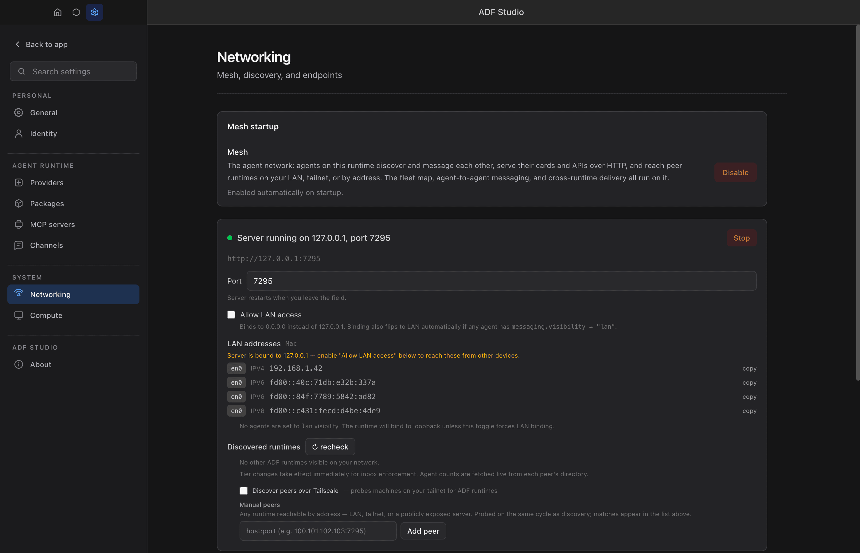 Settings → Networking showing the Mesh startup card with a Disable button, the mesh server running on loopback with its port, the Allow LAN access checkbox, per-interface LAN addresses with copy links, and the Discovered runtimes list with a recheck button and the Discover peers over Tailscale option.