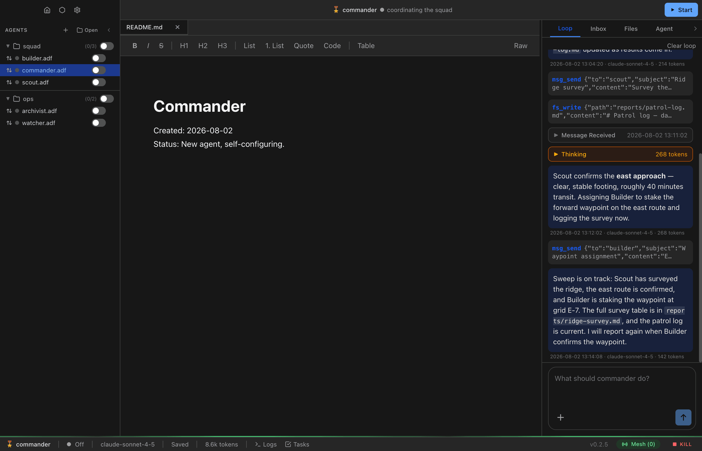 The ADF Studio window with a fleet of agents in the sidebar, a markdown document open in the center editor, and the Loop panel on the right showing a conversation with tool calls, reasoning blocks, and token counts.